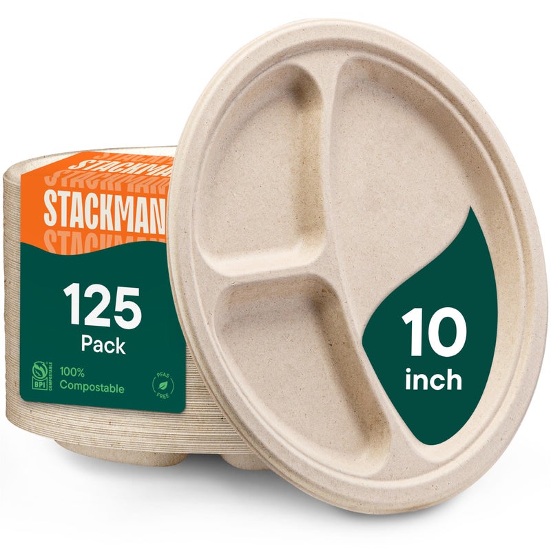 Stack Man 100% قابلة للتحلل، 3 أقسام، أطباق ورقية قابلة للتصرف [125-عبوة] - {خالية من PFAS} - {معتمدة من BPA} - [10 بوصة] صواني غداء بيئية ثقيلة من بقايا قصب السكر + فواصل - صينية مقسمة - Image 1